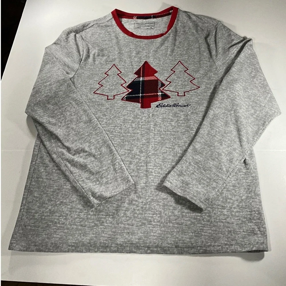 Eddie Bauer Mens Gray Waffle Knit Christmas Tree Plaid Sleep Shirt Large L